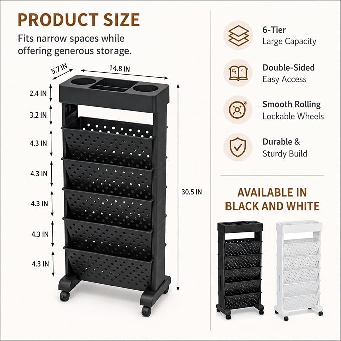 6-Tier Bookshelf, Book Storage Organization with Wheels Mobile Rolling Bookshelves Cart for Home Office Kids’ Study Room School, Black