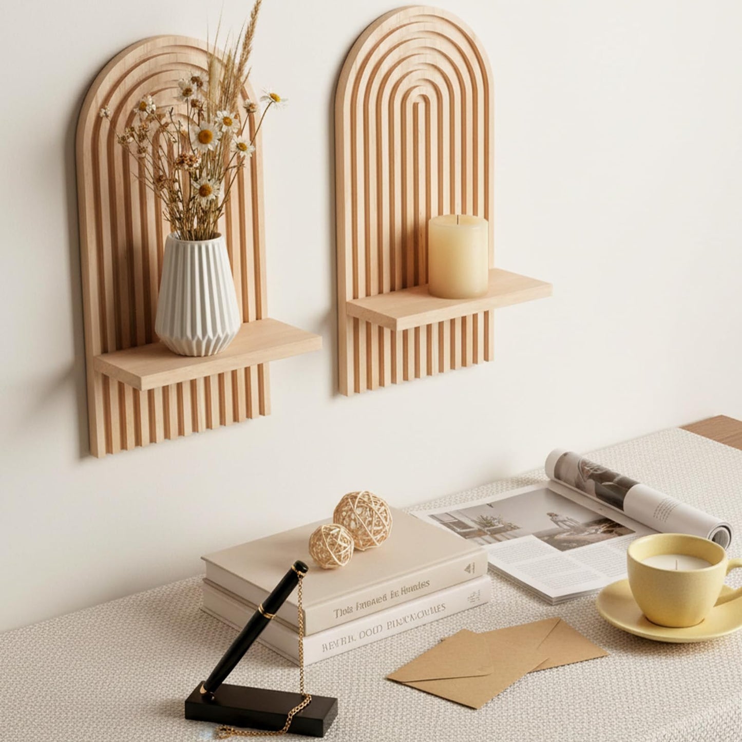 HANLANXUE Boho Wall Decor Set of 2 - Natural Modern Minimalist Mid Century Wall Candle Holder for Living Room Bedroom- Wood Bohemian Decor for Bathroom Nursery Bedroom
