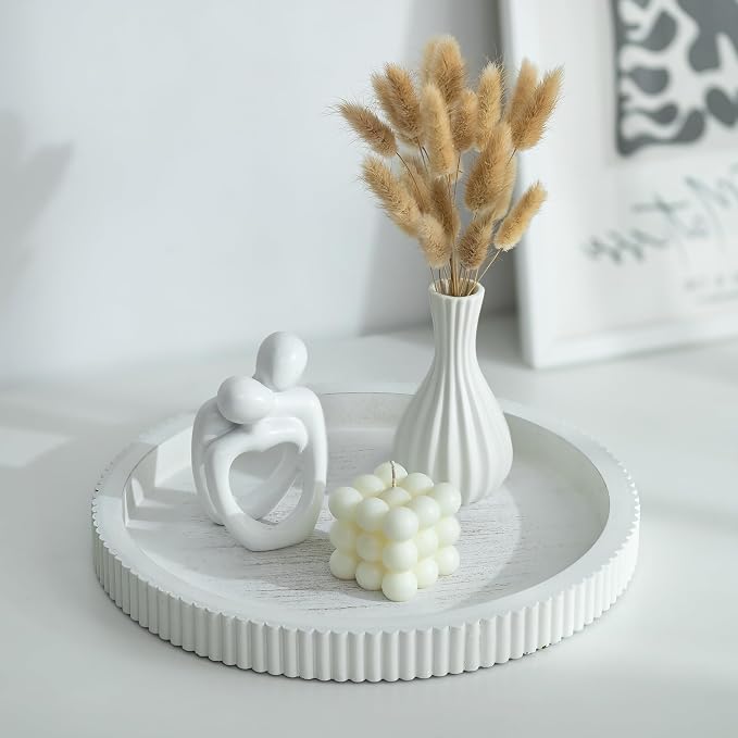 Hanobe Decorative Tray for Coffee Table: White Round Trays for Living Room Ottoman Centerpiece Home Decor 12" Modern Farmhouse Topper Dining Kitchen Island Tabletop Display