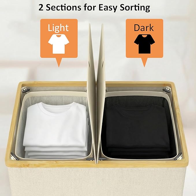efluky Laundry Hamper with Lid, Double Laundry Basket with 2 Removable Bags, 2 Section Laundry Bin with Bamboo Handles for Bathroom, Bedroom & Laundry Room, 115L (30.4 Gallon) Beige
