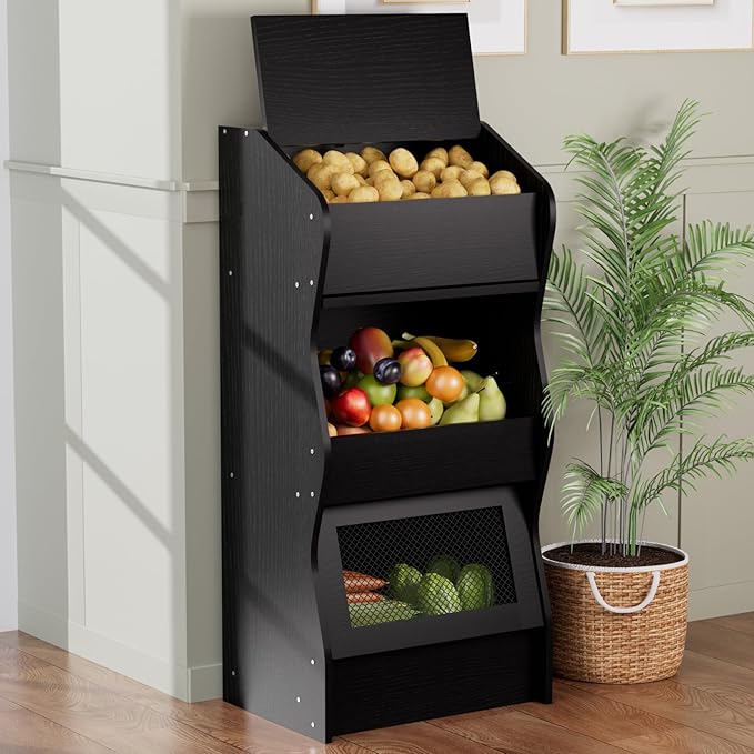 Potato and Onion Storage Bin with Lid, Root Vegetable Storage Rustic Bread Box for Kitchen Pantry, Wooden Bread Cabinet Fruit Storage Rack,Black