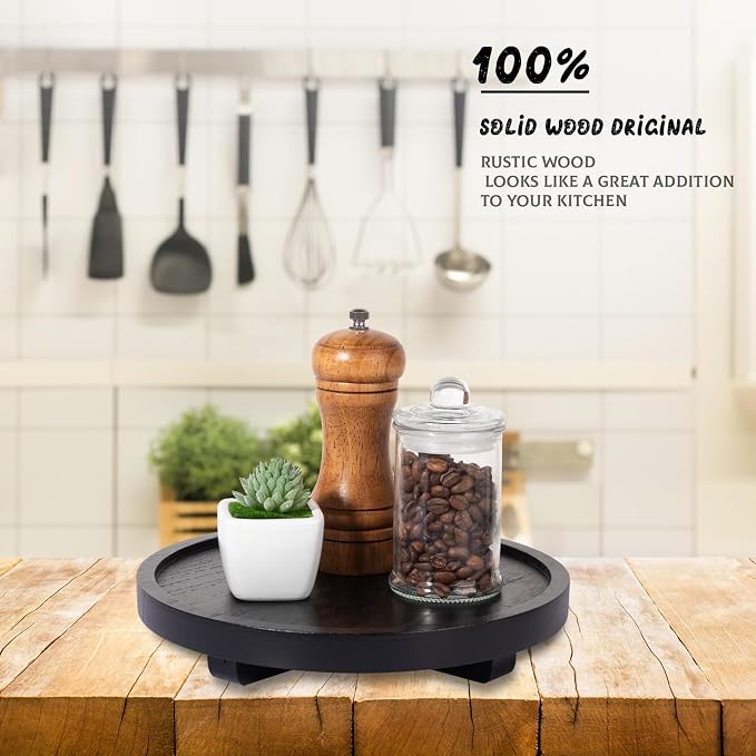 Round Decorative Tray Wood Bathroom Counter Organizer Farmhouse Kitchen Decor Wooden Riser for Soap Dish, Perfume, Candle, Sponge, 9" - Black