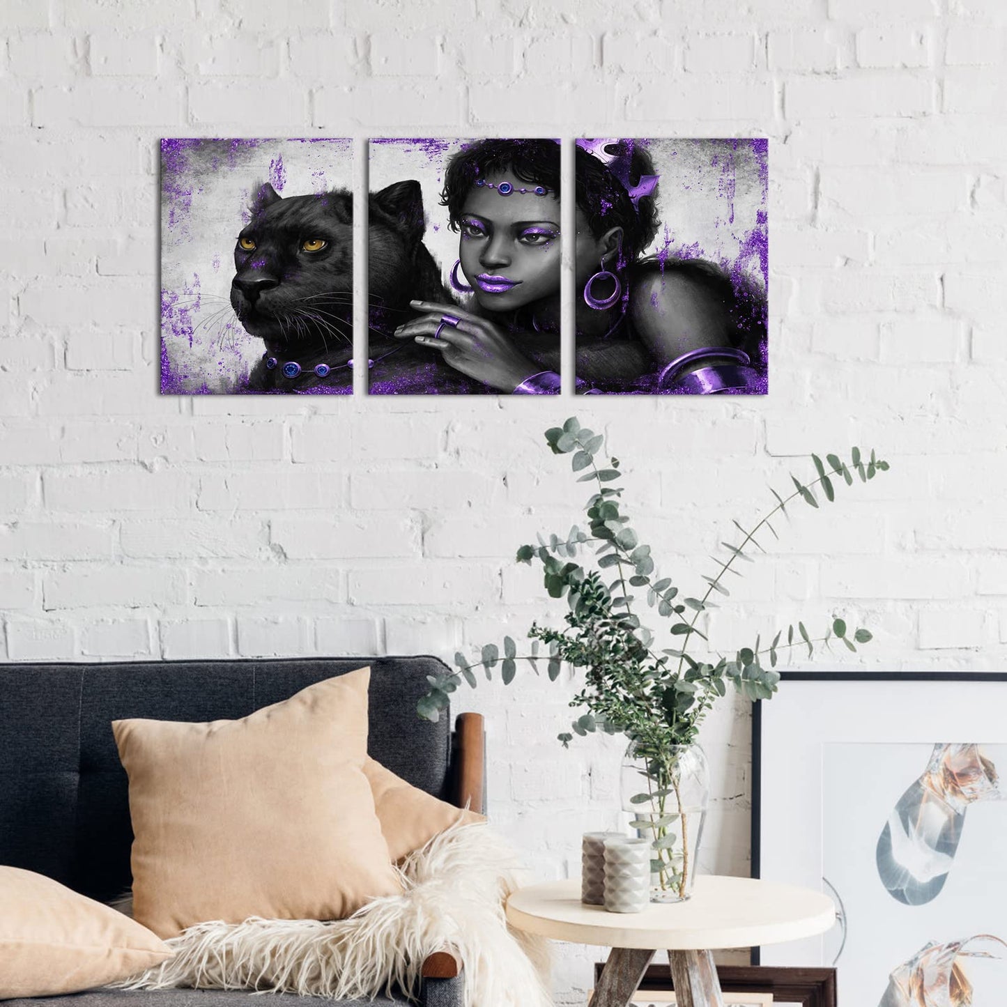 Kalormore Purple Fashion Picture for Girl Bedroom Glam Elegant African American Black Woman with Queen Crown and Panther Painting Giclee Canvas Prints Wall Decor Gallery Wrapped Artwork Gift Makeup
