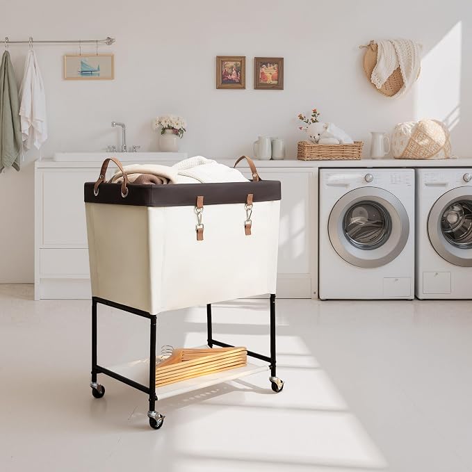 StorageWorks Laundry Cart, 2 Tier Rolling Laundry Basket, Heavy Duty Laundry Basket with Lockable Wheels, Laundry Room Organization and Storage, Clothes Hamper for Bedroom, Dorm, Closet, 29Gal, Beige