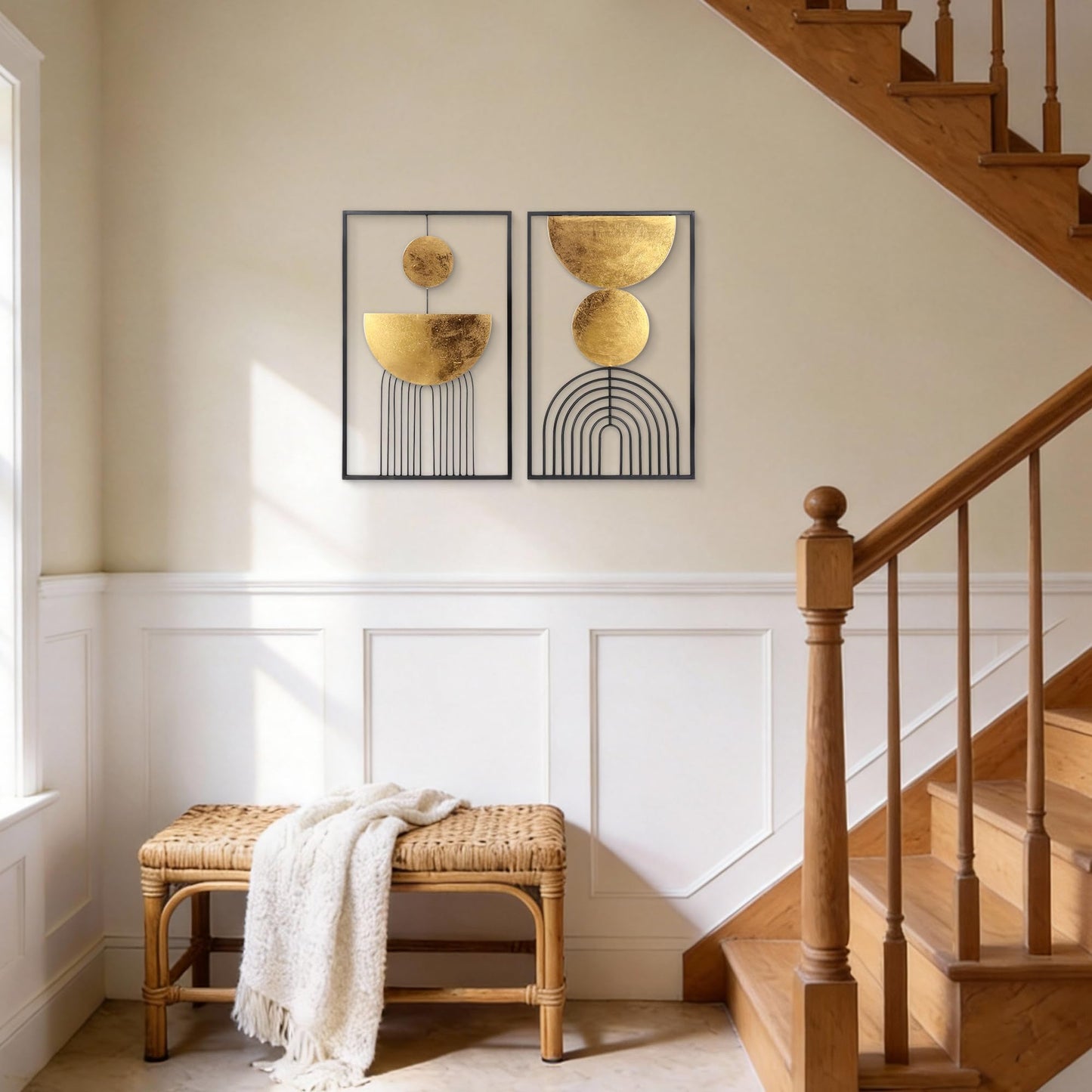 Abstract Geometric Wall Decor Set, Gold and Black Metal Wall Art with Circular and Linear Designs, 2 Piece Framed Modern Wall Sculpture