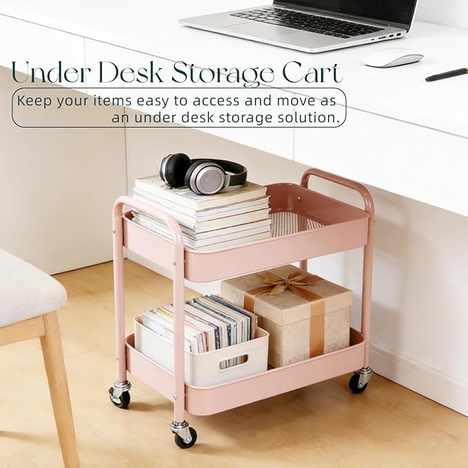 2 Tier Pink Rolling Cart with Wheels for Under Desk Storage, Large Capacity Rolling Pantry & Kitchen Storage Cart for Small Space, Sturdy Metal Bathroom Shelf Laundry Room Organization