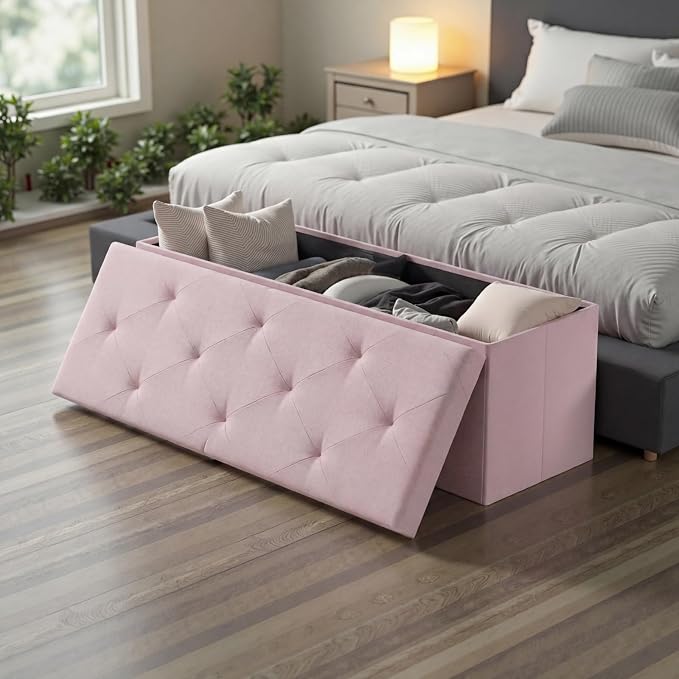 DUMOS 43in Foldable Storage Ottoman Bench, Storage Chest, Large End of Bed Foot Rest Stool with Padded Seat, Bedroom Bench for Living Room, Support 660lbs, Pink