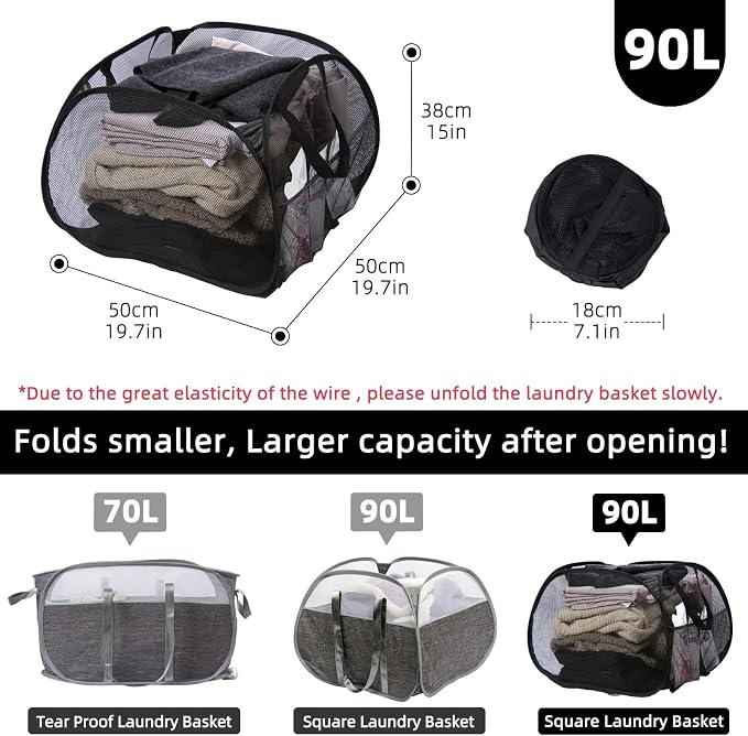 Collapsible Laundry Basket, 90L Foldable Pop-up Laundry Hamper with Handles, Mesh Dirty Clothes Hamper for Laundry, Bathroom, Kids Room, Dorm,Travel or Camping (Black, 2PCS)