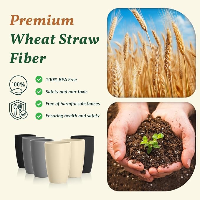 Homienly Premium Wheat Straw Cups, 20oz Lightweight and Unbreakable Drinking Cups Set of 6, Reusable Water Glasses Microwave and Dishwasher Safe Cup Set for Coffee, Milk, Juice - GreyStone