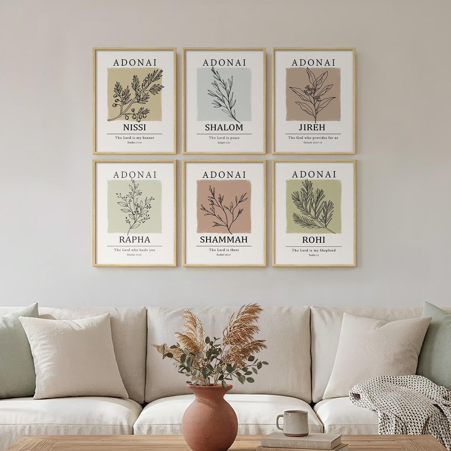 Framed Christian Scripture Wall Art, Set of 6 Minimalist Bible Verse Prints, Names of God Faith Based Neutral Boho Botanical Leaf Artwork for Bedroom Living Room Office Hallway Home Decor, 11x14 Inch
