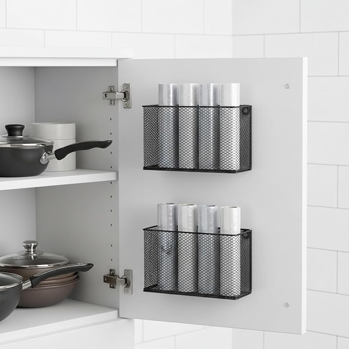 Foil and Plastic Wrap Organizer, Metal Grid Cabinet Door Organizer for Pantry Storage, Self-Adhesive Aluminum Foil Storage Holder with No-Drill Wall Mount for Kitchen Cabinets, Black