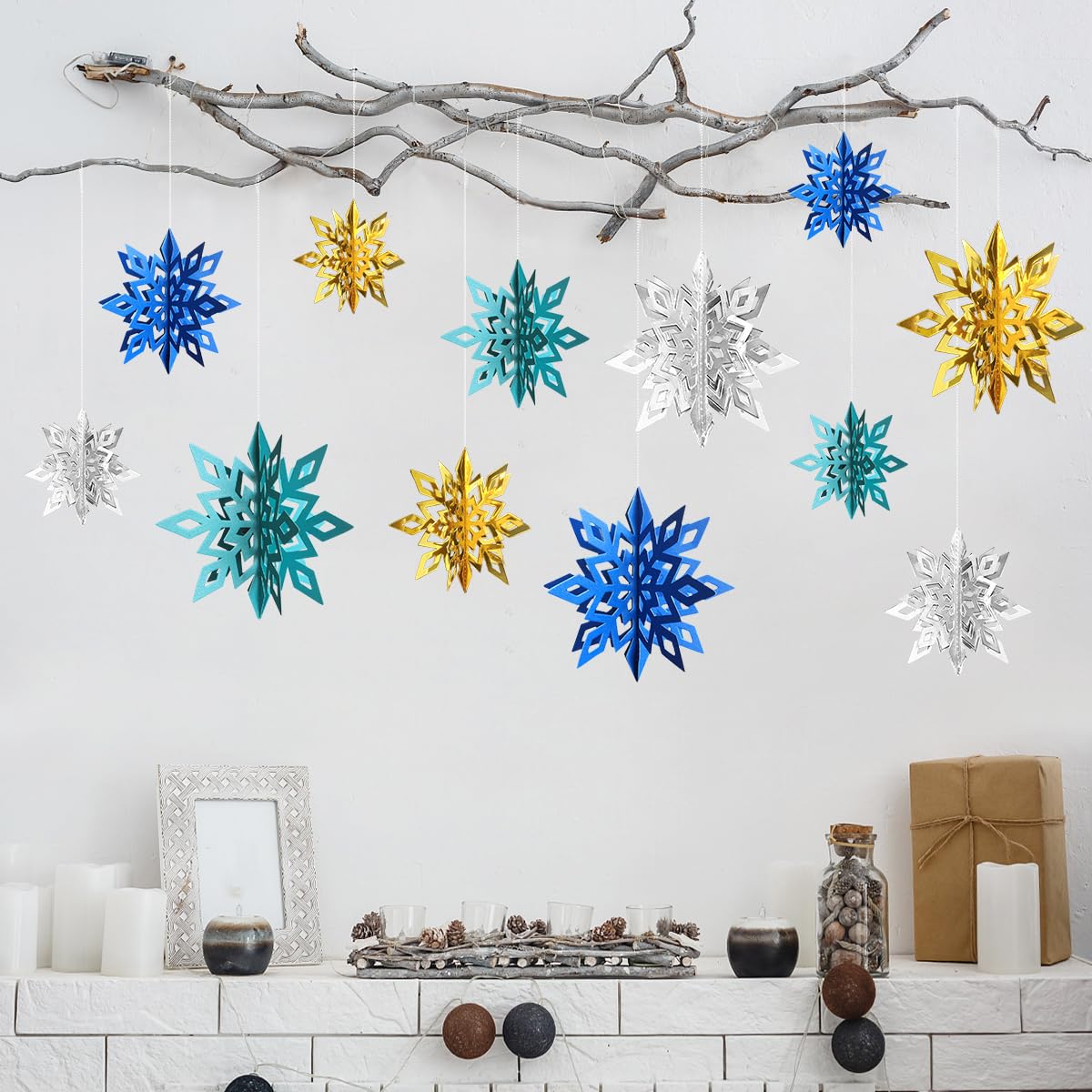 Snowflake Hanging Decorations - 3D Large Snowflakes Paper Hanging Garland for Christmas Winter Wonderland Holiday New Year Party Home Decoration 12PCS (White)