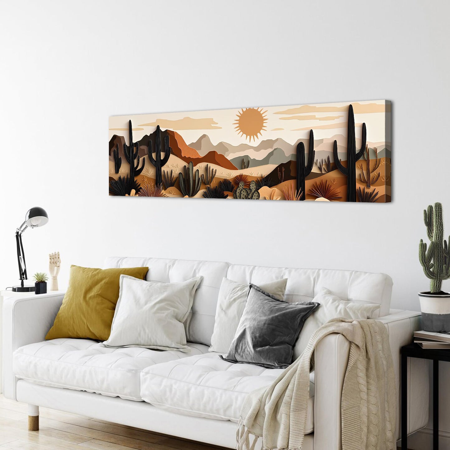 Boho Cactus Wall Art Mid Century Modern Wall Decor for Living Room Beige Geometric Minimalist Picture Abstract Mexican Desert Botanical Mountain Sun Painting Artwork Bedroom Home Decorations 14x48"