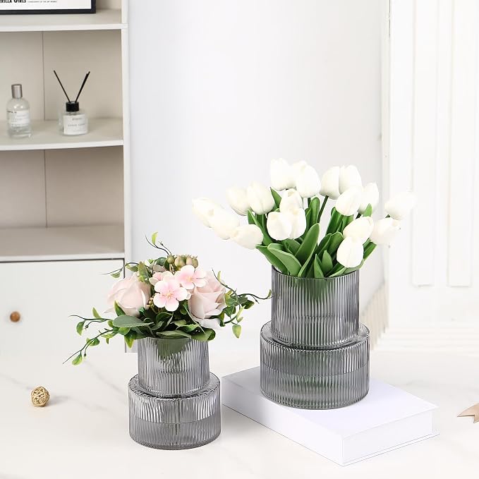 Ribbed Glass Vases for Bouquet, Set of 2 Black Vases for Flowers, Black Glass Vase for Tulips, Modern Vase for Living Room, Office, Coffe Table, Dining Table, Shelf, Wedding