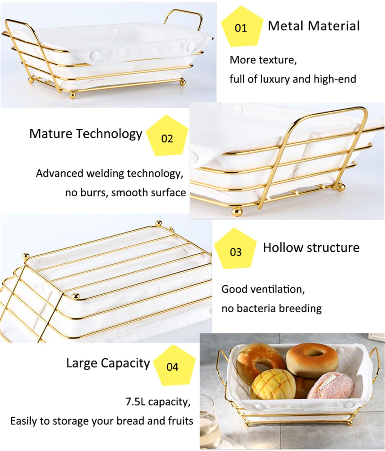 Gold Baskets for Bread Serving, Parties Gold Wire Basket for Fruit Vegetables Bread (2)