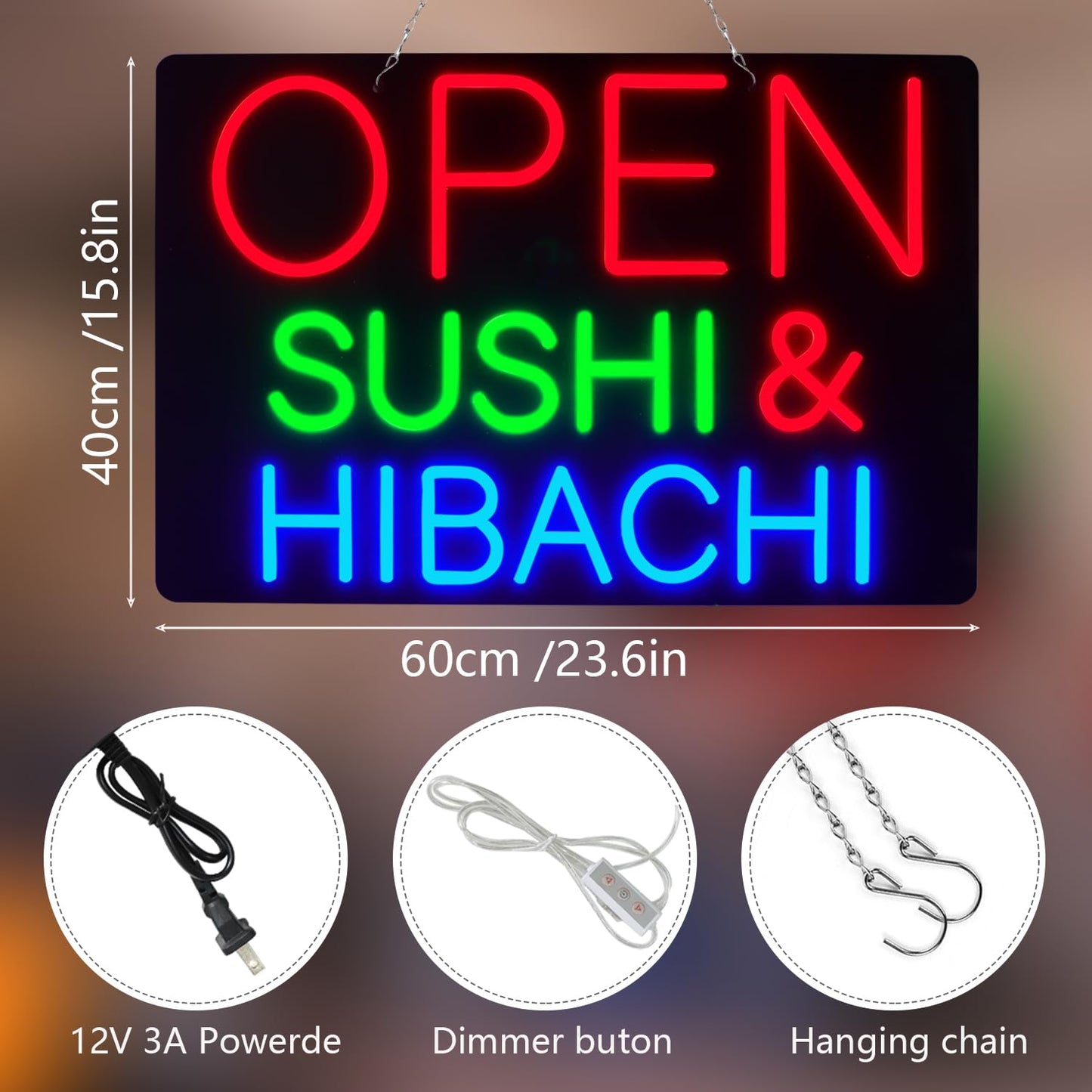JFLLamp Large OPEN SUSHI&HIBACHI Neon Signs for Wall Decor Business Neon Lights for Bedroom Led Signs Suitable for Office Man Cave Bar Christmas 12V Power Adapter, 23.6 * 15.7 Inch(Red +Green +Blue)