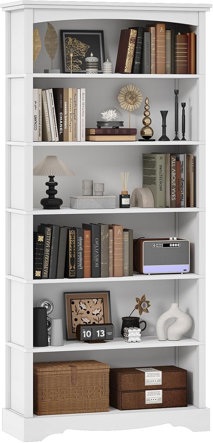 TVU 6-Tier Wooden Bookshelf, 76 Inch Tall Bookshelf with Storage, Floor Standing Modern Style Display Bookcase for Living Room, Office, Study Room, Entryway, White