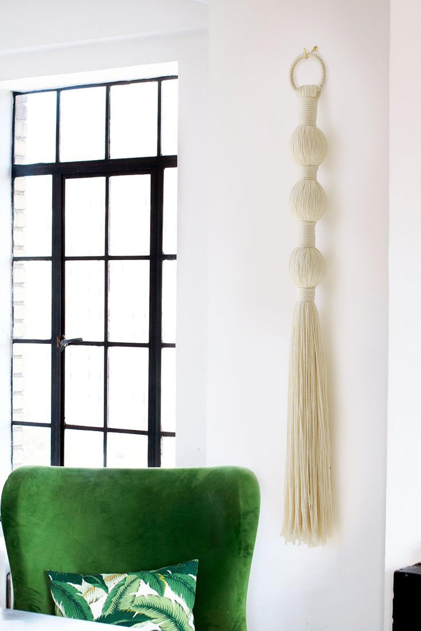 IOWER Macrame Wall Hanging Small Sphericity Cotton Textile Tassel Wall Hanging Fiber Yarn Art for Living Room Bedroom 27'' L x 2.3'' W