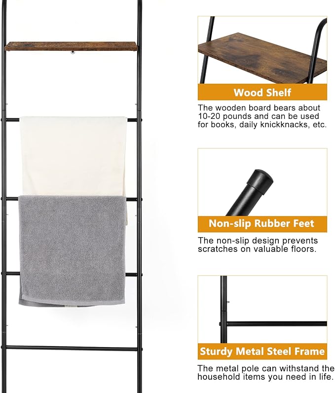 Vrisa Blanket Ladder Wall Leaning Blanket Rack Farmhouse 5-Tier Metal Blanket Holder with Shelf Bath Towel Storage for Bathroom Quilt Bedroom Living Room Pool Black