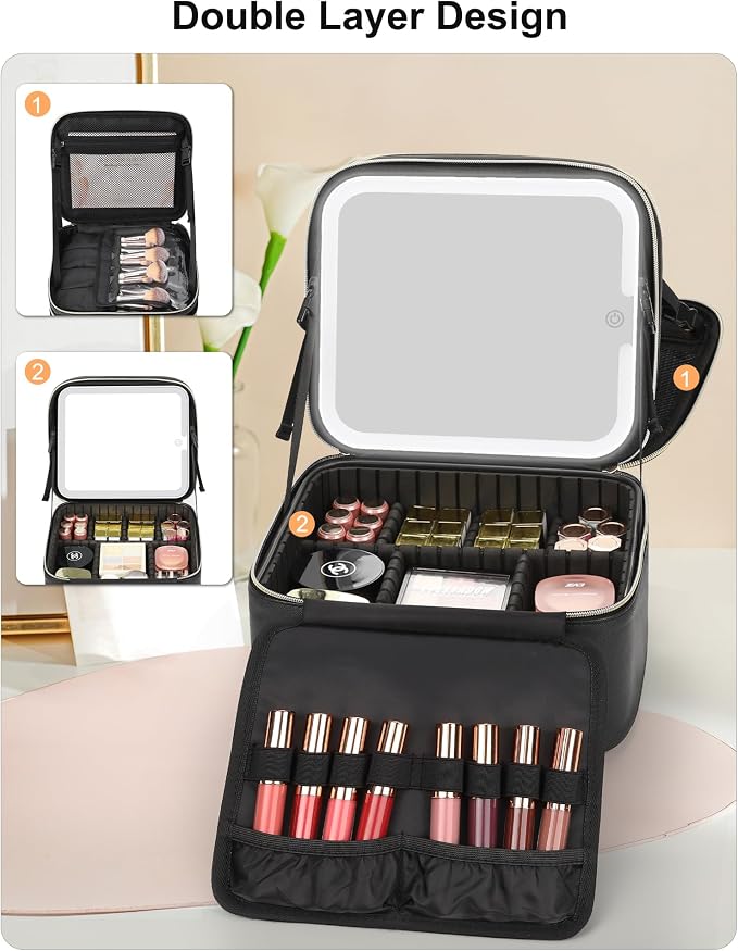 Relavel Makeup Bag with LED Mirror, Small Travel Makeup Case with Rechargeable Lighted Mirror 3 Color Lights, Double Layer Cosmetic Box Makeup Brush Lipstick Holder Organizer for Women, Black