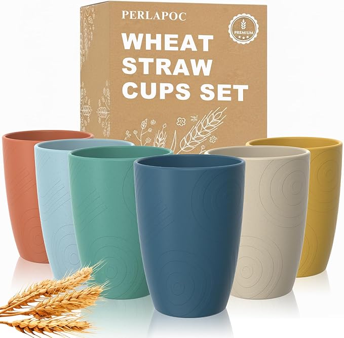Wheat Straw Cups, Plastic Cups Reusable, Unbreakable Drinking Glasses Set of 6, Plastic Cups for Kitchen Camping Outdoor, 16 OZ Dishwasher Safe Tumblers & Water Glasses, Multi