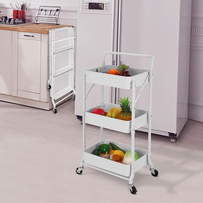 Foldable 3 Tier Metal Utility Rolling Cart, Folding Mobile Multi-Function Storage Trolley Organizer Cart for Home Library Office(White)