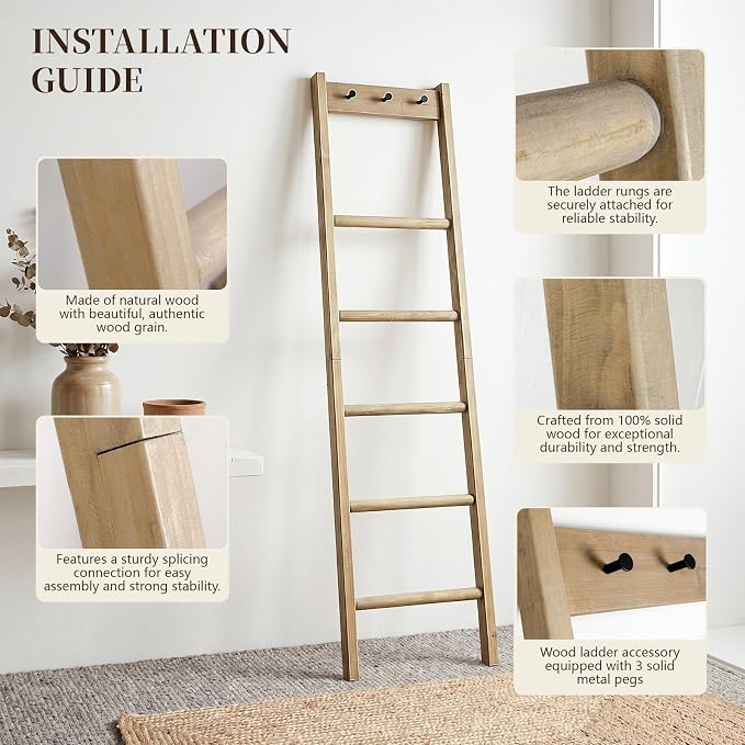 Wooden Blanket Ladder - Natural & Motley Wood - Leaning Wall Decor for Bedroom, Bathroom, Living Room - Rustic Quilt Holder & Towel Rack (Natural Wood Color + Hook, 76in（5-Tier）)
