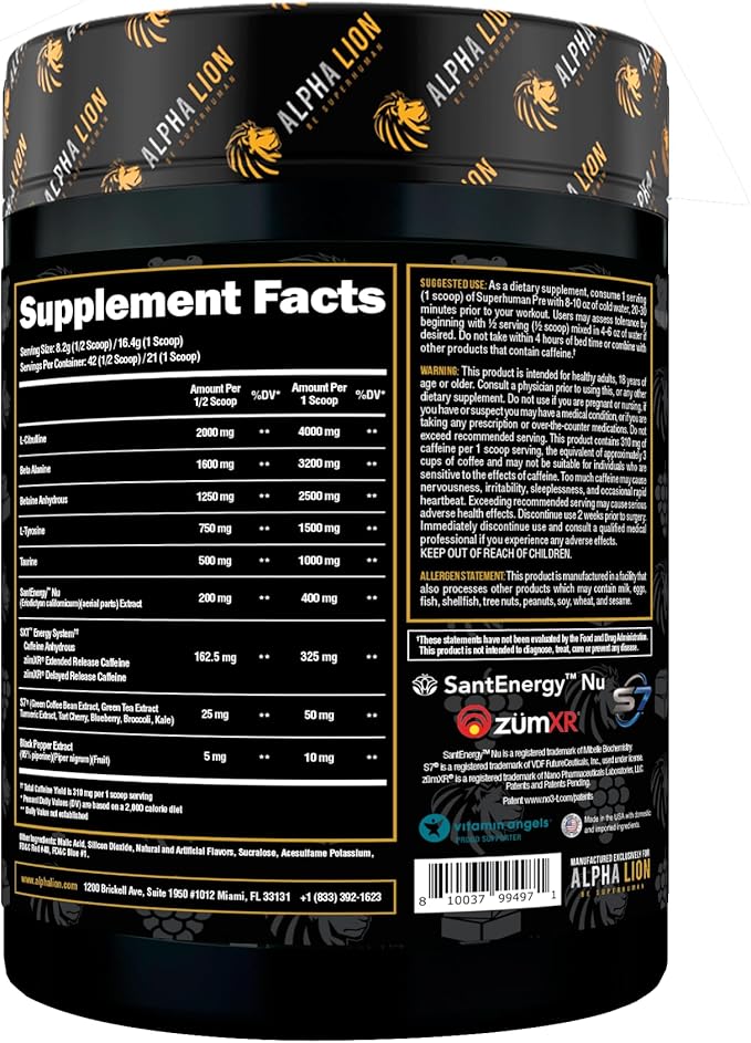 ALPHA LION Superhuman Pre Workout Powder, Beta Alanine, L-Taurine & Tri-Source Caffeine for Sustained Energy & Focus, Nitric Oxide & Citrulline for Pump (21 Servings, Muscle Melon)