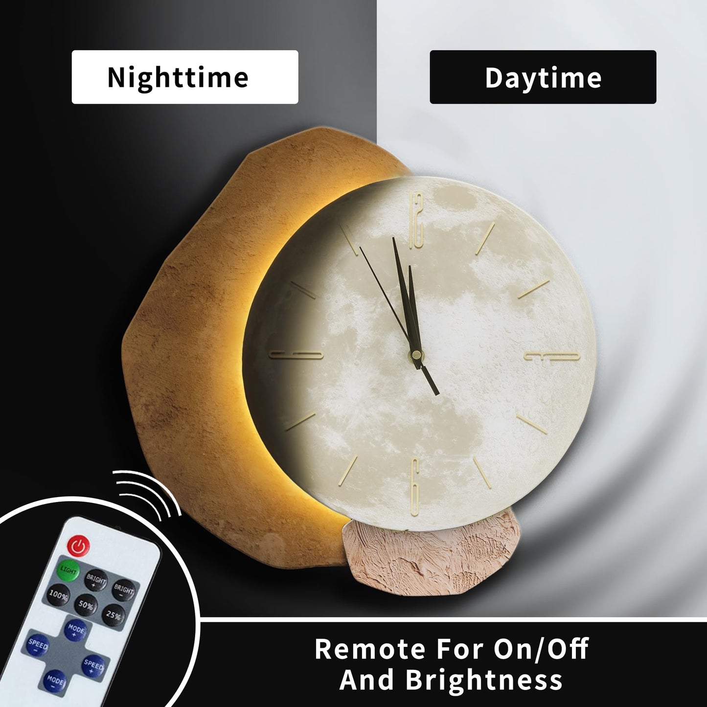 vrzpopi Silent Moon Wall Clock Non Ticking Battery Operated with Adjustable Night Light Operated by USB/Batteries for Living Room Bedroom Decor (Moon)