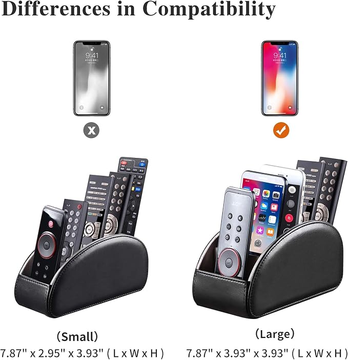 YAPISHI Large Leather TV Remote Control Holder Organizer Black with 5 Compartments Nightstand Desktop Media DVD Player Remote Tray Caddy Storage Box for Mobile Phone Pen Office Stationery Controllers