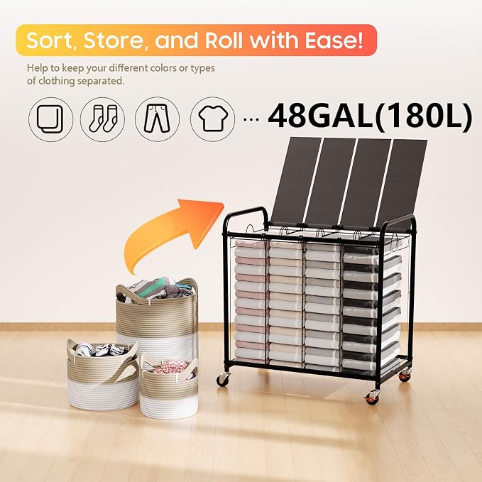 Laundry Sorter 4 Sections 48 Gal, Rolling Laundry Basket with Lockable Wheels and Lid, Laundry Hamper with 4 Separated Removable Bags Dirty Clothes Hamper for Laundry Room Organizer, Grey