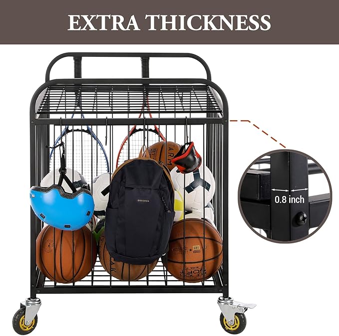 MyGift Large Capacity Metal Rolling Multi Sports Ball Cage Storage Hopper, Gym Equipment Basket Cart with Lockable Latch, Heavy Duty Caster Wheels, and 8 Accessory Hooks