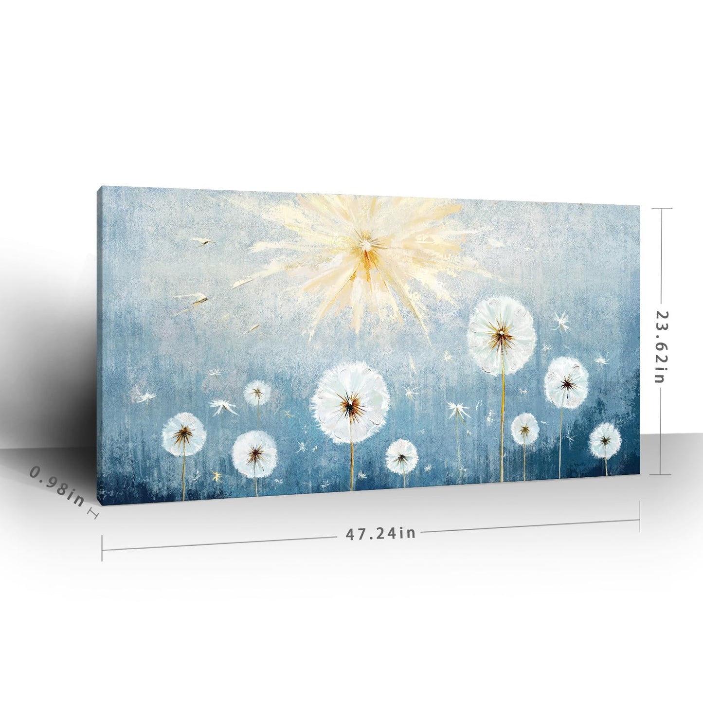 Nicetop Large Canvas Wall Art for Living Room- Floral Landscape Artwork Gallery Wrapped Nature Wildflower Dandelion Print Botanical Flower Picture Bedroom Office Decor,Blue and White, 48x24 Inch