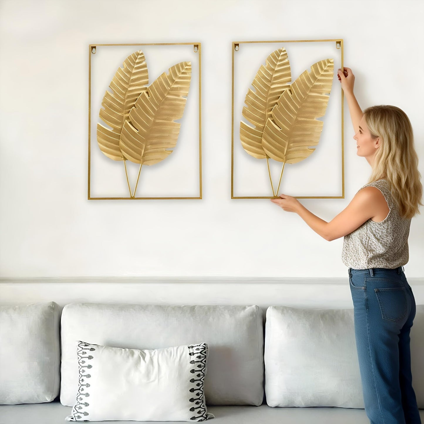 HKaikzo Gold Metal Wall Decor Set of 2, Leaf Wall Hanging Home Decor with Frame, Modern Wall Art Decor Wall Sculptures for Living Room, Bedroom, Office, Hotel, Large 24" X 16"