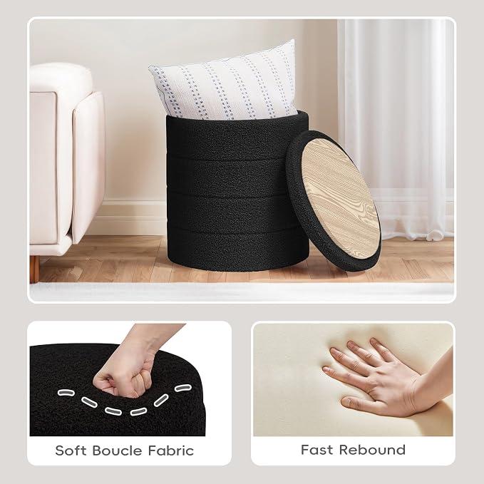 PINPLUS Round Storage Ottoman Foot Rest Stool with Tray Velvet Sherpa Folding Storage Ottoman,Boucle Foot Rest for Living Room, Bedroom, Dorm（Black）