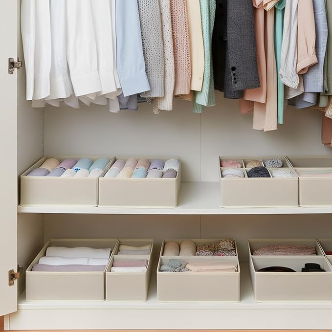 Drawer Organizer Set 6 Pack - Foldable 11" Fabric Storage Bins with Zipper Bottom for Underwear Socks Bras Baby Clothes - Closet Dresser Dividers for Bedroom Nursery, Khaki