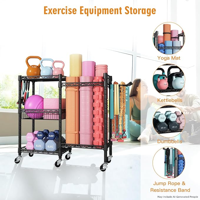 FUTASSI Home Gym Storage, 3 Tiers Workout Equipment Organizer with Wheels for Yoga Mats, Foam Roller, Dumbbells, Kettlebells, and Resistance Bands