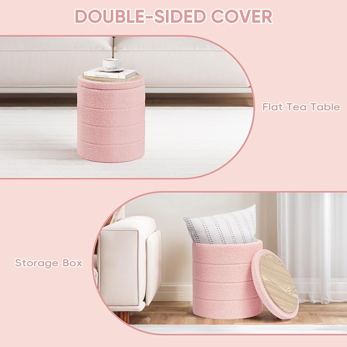 PINPLUS Round Storage Ottoman Foot Rest Stool with Tray Velvet Sherpa Folding Storage Ottoman,Boucle Foot Rest for Living Room, Bedroom, Dorm（Pink）
