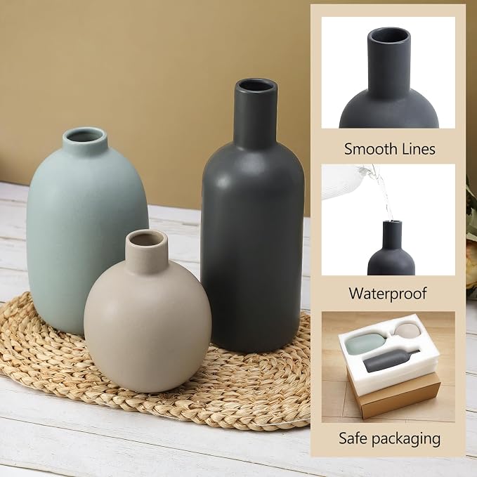 Ceramic Vase Set of 3, Large Neutral Rustic Vases for Farmhouse Decor, Pampas Grass & Dried Flowers and Table Living Room Home Decor