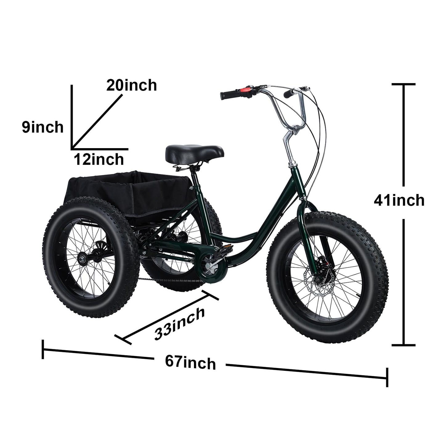 Fat Tire Tricycle, Adult 7-Speed Trike with 4-Inch Tires, Adjustable Seat & 450 lbs Weight Capacity, Large Shopping Basket with Waterproof Bag, 2 Disc Brakes for Gravel & Snow Roads Black 68"*34"