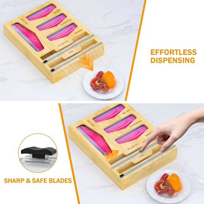 DALSHABET Bamboo Bag Organizer with Magnetic Closure, 6 In 1 Kitchen Drawer Foil and Plastic Wrap Dispenser with Cutter, Storage bag for Gallon, Quart, Sandwich, Snack Beige