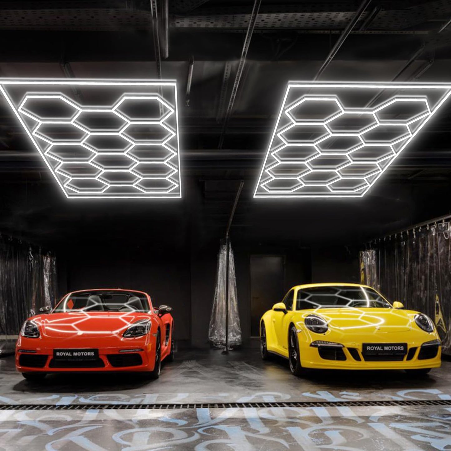 BRILLIHOOD Hexagon Garage Lights Honeycomb LED Hex Light, 672W, 80640LM, 6500K Super Bright, 14 Grid Systems Car Detailing Lights with Rectangular Frame for Garage Warehouse Workshop Basement Gym