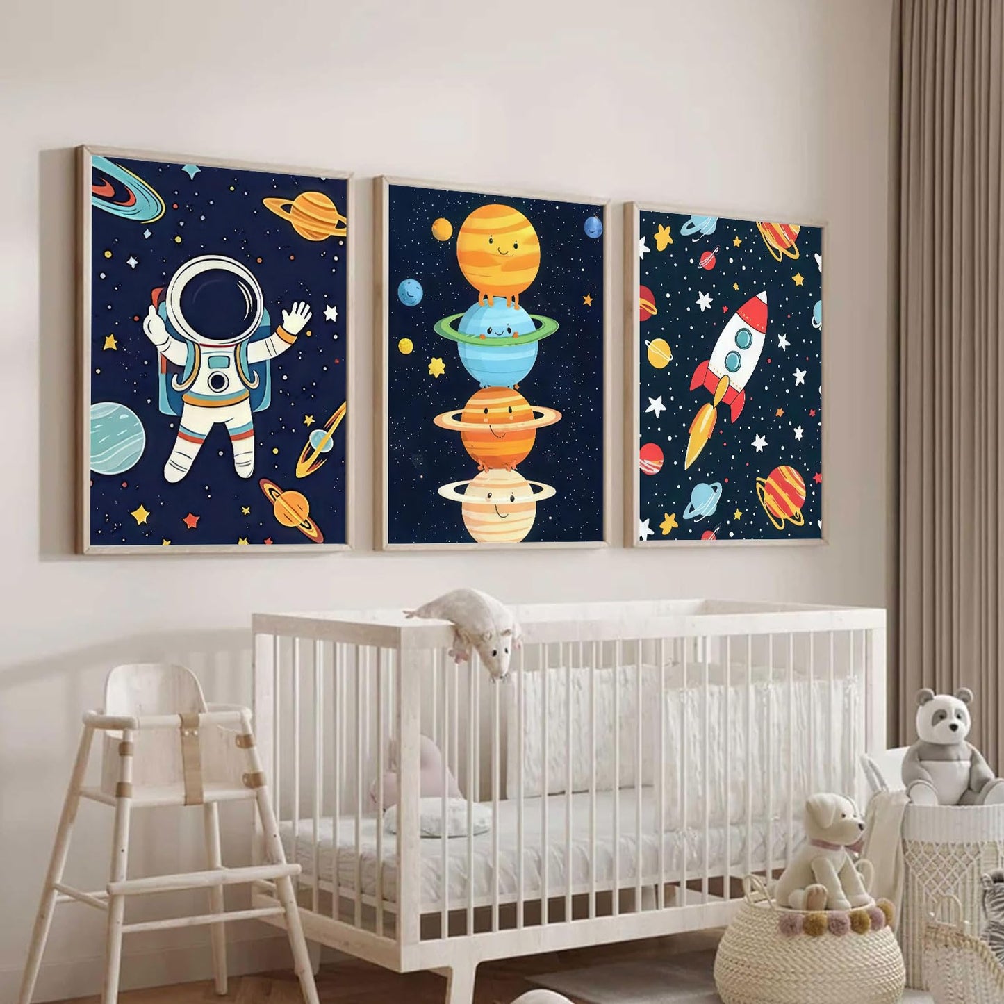 3Pcs Astronauts Nursery Wall Art Whimsical Outer Space Kid Decor Pictures Rocket Planet Posters Prints for Boys Room Girls Room Kids Room Decoration Unframed