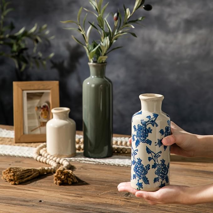 Rustic Ceramic Vase Set of 3, Farmhouse Decorative Flower Vases for Home Decor, Living Room Kitchen Bathroom Table Centerpieces, Shelf, Mantel and Entrance Decorations