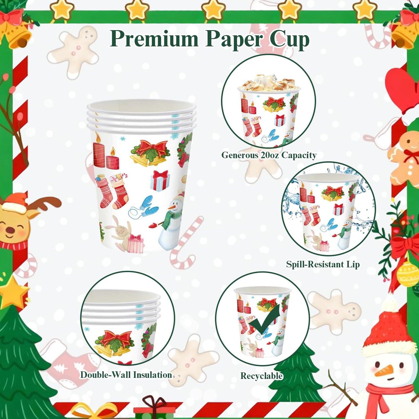 Slynxr 125PCS Christmas Party Supplies with Christmas Paper Plates and Napkins, Paper Cups & Forks Disposable Holiday Snowman Snowflake Party Supplies Decoration Serves 25