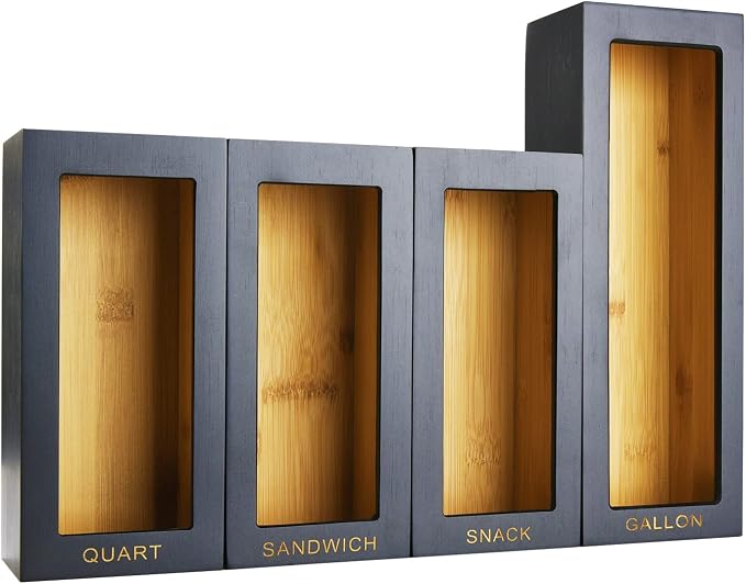 Bamboo food Bag Organizer for Kitchen Drawer, Baggie organizer, Compatible with Gallon, Quart, Sandwich and Snack Variety Size Bags (4 Piece Set) (Black)