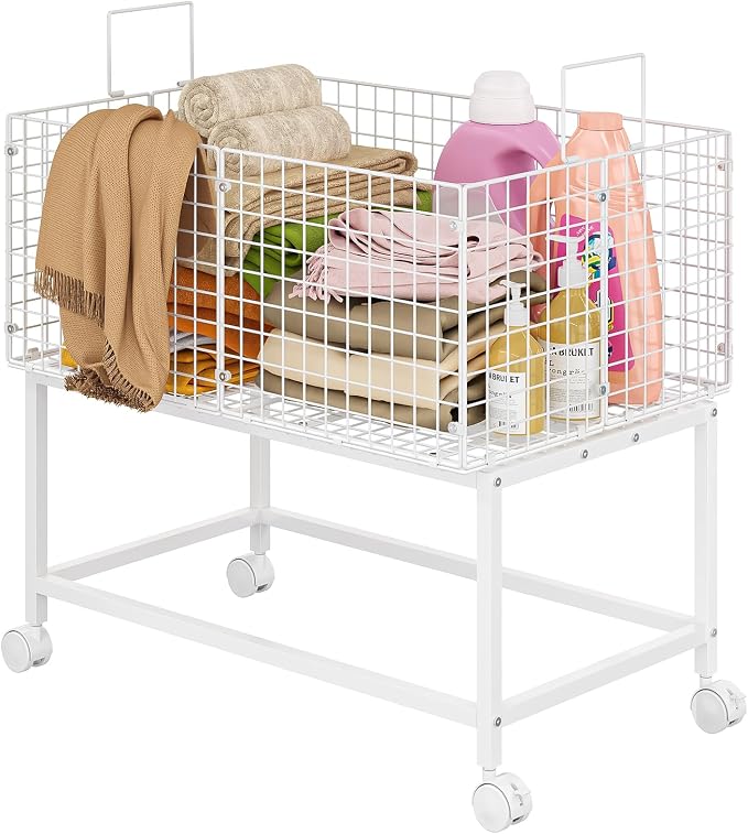 Large Rolling Laundry Basket Cart,Wire Laundry Hamper Cart with Handle and Wheels,White High Laundry Hamper for Laundry Room,Bedroom and Bathroom-120L White (29.5"L*19.7"W*27.95"H inch)
