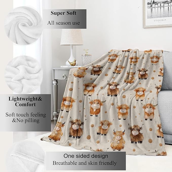 Cute Highland Cow Blanket,Adorable Cartoon Farm Animal Throw Blankets,Gifts for Kids,Lightweight Soft Fleece,for Picnic Sofa Couch Bed Room Travel,Birthday Rustic Farmhouse Decor,50x60in