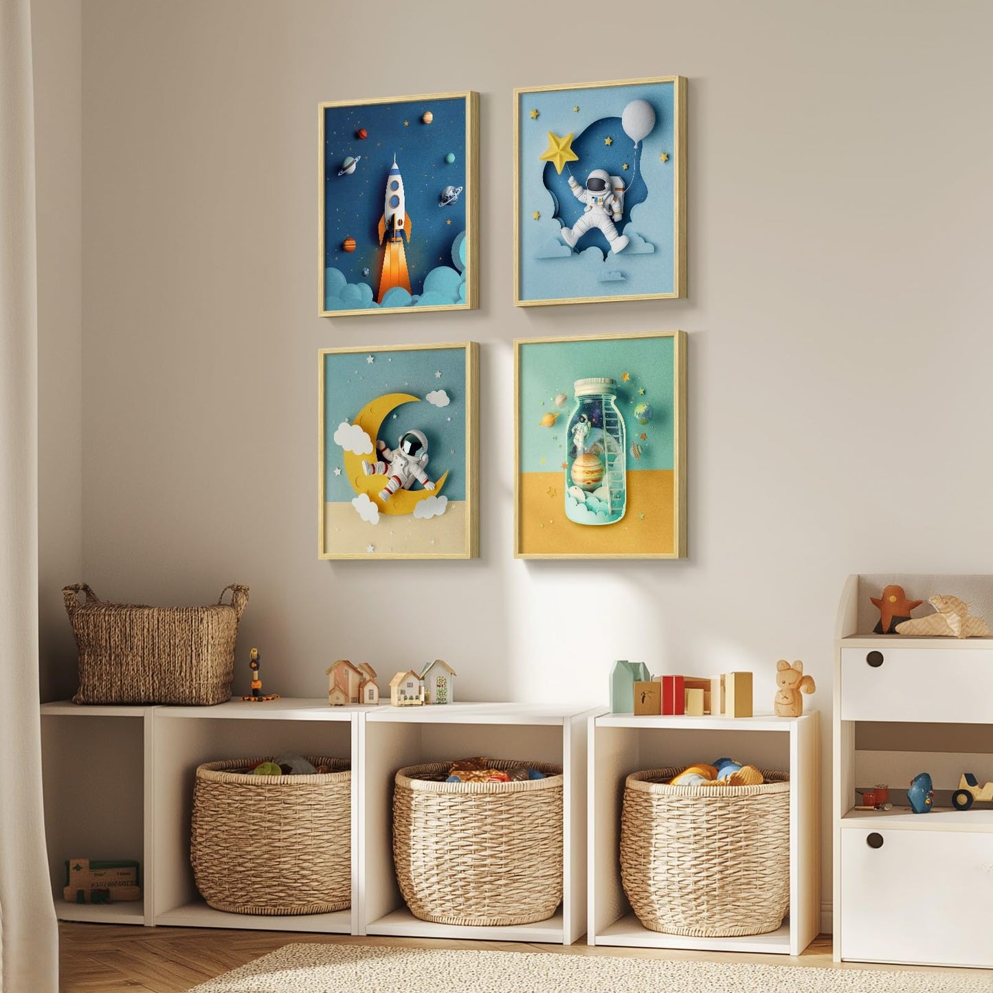 Framed Space Astronaut Cool Wall Art for Nursery Decor, 4 Piece Modern Space Themed Canvas Prints Artwork for Walls, Rocket Pictures for Bedroom, Kids Room, Baby Room, Boys Room, Bathroom Wall Decor