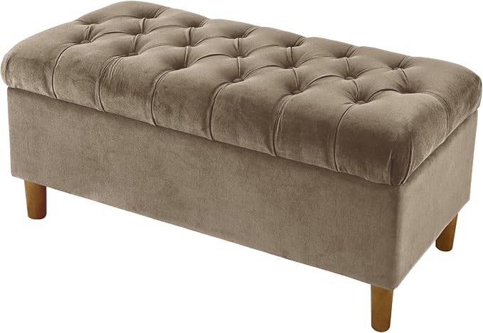 Homepop Home Decor | Tufted Ainsley Button Storage Ottoman Bench with Hinged Lid | Ottoman Bench with Storage for Living Room & Bedroom,Fawn Velvet